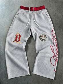 PAVTROS Men's Double Waistband Contrast Color Letter Print Pocket Drawstring Sweatpants - Grey - View 3