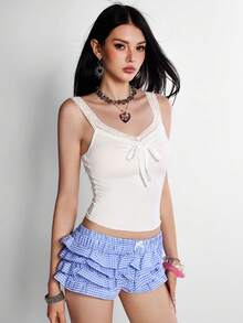 INAWLY Women's Solid Color Contrast Lace Front Tie Tank Top Date Everyday Home White Summer Cute Y2k Romantic Sexy Tropical - White - View 6