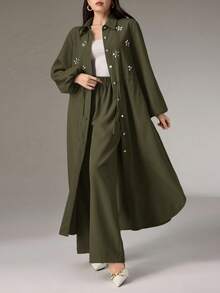 Modelyn 女款水鑽裝飾腰帶單排釦長版襯衫與長褲優雅兩件套 - 軍綠色 - 查看 7