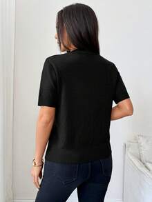 SHEIN 女款夏季新款休閒拼色百搭圓領短袖針織套頭上衣，六月節慶、鄉村風、度假、通勤、黑色上衣、女款休閒上衣、外出上衣 - 彩色 - 查看 3