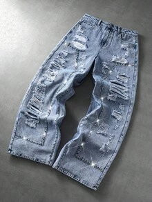 ROMWE MEN Celana Jeans Pria Gaya Y2K Model Lebar, Jeans Biru Muda Pudar dengan Efek Sobek dan Usang, Hiasan Rivet Warna-warni, Jeans Gaya Kargo Longgar Gaya Jalanan, Jeans Pria untuk Semua Musim. - Biru - View 5