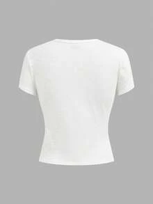 Tseoso 女款 100% 粗織棉短版 T-shirt，純色圓領，復古 Softgirl 風格，時尚休閒居家款 - 彩色 - 查看 2