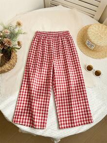 SHEIN LMoss Young Girl Woven Plaid Loose Casual Pants - Red - View 2
