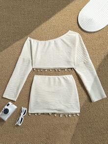 Bonvoyette Set Pakaian Pantai Dua Potong Motif Jacquard Lengan Panjang dengan Hiasan Payet dan Rumbai untuk Musim Semi/Panas - Krem - View 2
