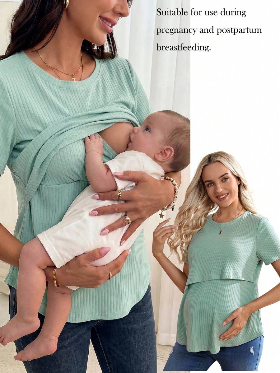 SHEIN Maternity Nursing Solid Color Ribbed Casual T-Shirt World Cup - Mint Green - View 1