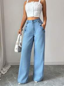 SHEIN Clasi Women's New American Style Loose Non-Stretch Denim Wide Leg Long Pants - Light Wash - View 6
