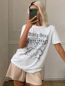 DAZY Women's Letter Print Short Sleeve T-Shirt And Shorts Loungewear Set Summer Pajamas - White - View 3