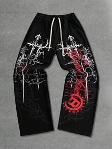 ROMWE MEN Men's Plus Size Letter Print Drawstring Waist Wide Leg Sweatpants - Black - View 6