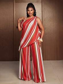 Maweii Plus Size Women's Spring/Summer New Casual Elegant Vacation Red One-Shoulder Asymmetrical Hem Top Shirt Waist-Cinching Straight Leg Pants 2-Piece Set - Multicolor - View 3