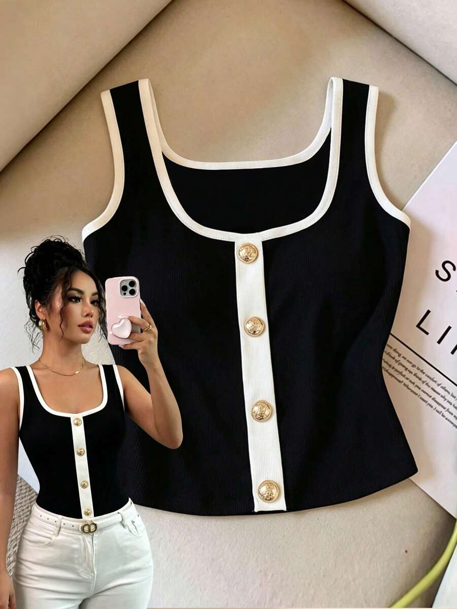 SHEIN Elenzya 时尚黑白撞色金属扣无袖马甲,法式风格,清新别致,夏季必备 - 彩色 - 查看 1