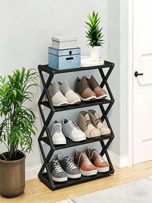 4-Tier Foldable X-Frame Plastic Shoe Rack Vintage No Assembly Required Durable Multi-Purpose For Entryway Closet Kitchen Book Shelf Storage - Multicolor - View 7