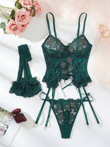 SHEIN 浪漫蕾絲女款性感內衣套裝 3 件組 - 墨綠色 - 查看 5