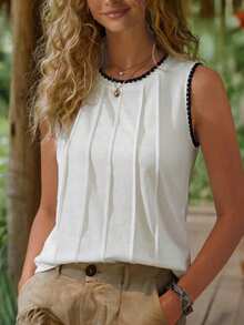 SHEIN Women's Summer Solid Color Round Neck Toothpick Pleat Decor Sleeveless Shell Embroidery Loose Casual Tank Top For Daily Commute And Workplace - Multicolor - View 4