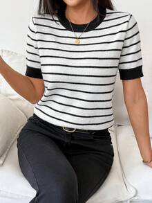 SHEIN 女款優雅拼色條紋短袖針織上衣，春夏秋休閒通勤上衣 - 彩色 - 查看 8