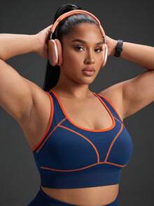 Powerista Women's Plus Size Seamless Sports Bra With Trim And Back Cutout For Daily Fitness - Navy Blue - View 8