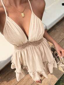 Sunnyshic Women's Lace Trim Tie-Front Dress Beach Vacation Pink Summer Tropical Sexy - Beige - View 3
