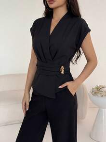 Modelyn Lady's Asymmetrical Waistline Pleated Shirt Metal Decorations Waist-Revealing Daily Commuting Office Dinner Teachers' Day Black Summer Elegant - Black - View 7
