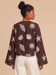 Travachic 女款刺繡梭織休閒寬鬆前綁帶襯衫 - 棕色 - 查看 2