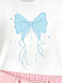 (Random 3 Pcs, Send 1 Pc) Summer Baby Girl Refreshing Minimalist Colorful Star & Bow Print Basic Short Sleeve T-Shirt - White - View 4