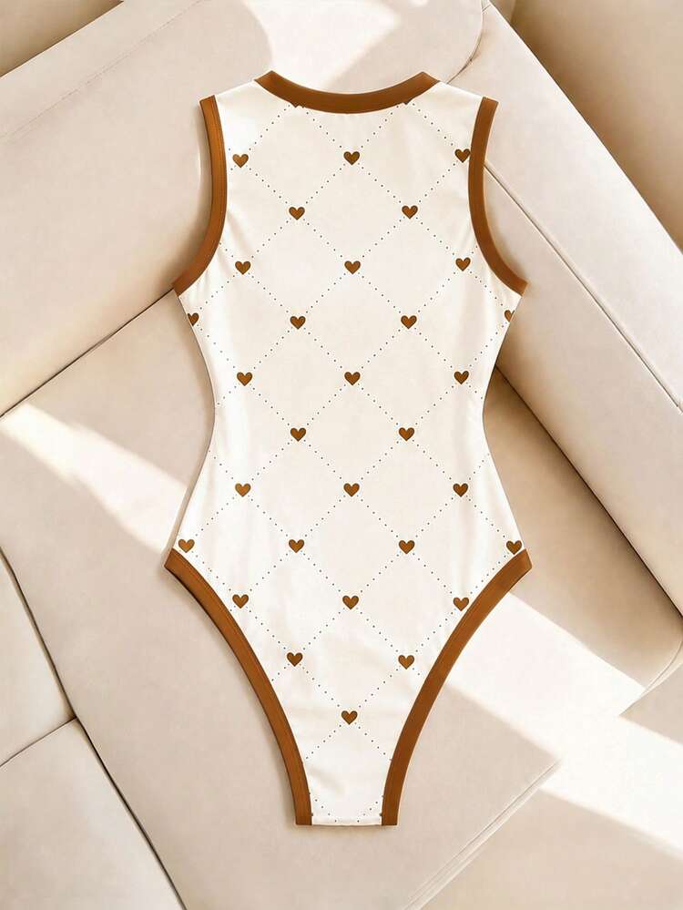 Resyla Women's Heart Print Contrast Trim Sleeveless Bodysuit, Round Neck Slim Fit Basic Tank Top, Casual Everyday Wear - Multicolor - View 2