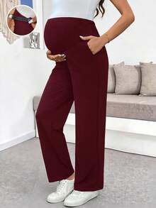 SHEIN 孕婦純色可調腰圍休閒長褲 - 酒紅色 - 查看 3