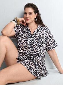 Slumbrini 2pcs Women Pajama Set, Leopard Print, Ladies Homewear, Spring/Summer Holiday Outfit, Short Sleeve Lapel Top And Shorts Can Be Worn Outerwear - Brown - View 9