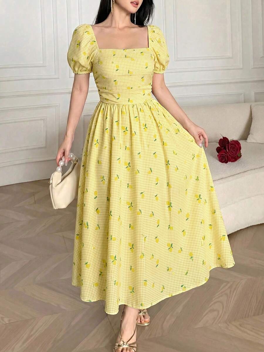 SHEIN Girlism Teen Girl Spring & Summer White Base Cherry Blossom Print Puff Sleeve Chest Ruched Waist Ruched A-Line Midi Dress, Elegant Floral, Luxurious Holiday - Yellow - View 1