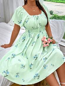SHEIN MOOSTA Plus Size Women's Floral Digital Print Dress With Drawstring Chest And Elastic Waist - Mint Green - View 6