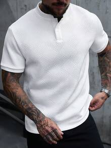 Manfinity CasualCool 大尺碼男士立領 Polo 衫，針織提花面料，休閒日常穿著，時尚百搭風格 - 白色 - 查看 6