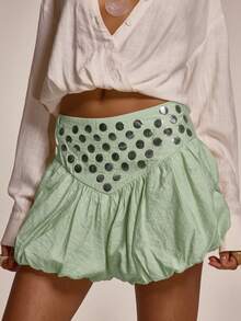 MUSERA Studded Panel Mid Rise Puffball Mini Shorts Cute Summer Spring Sexy Going Out Beach Holiday Vacation Honey Tides - Green - View 4