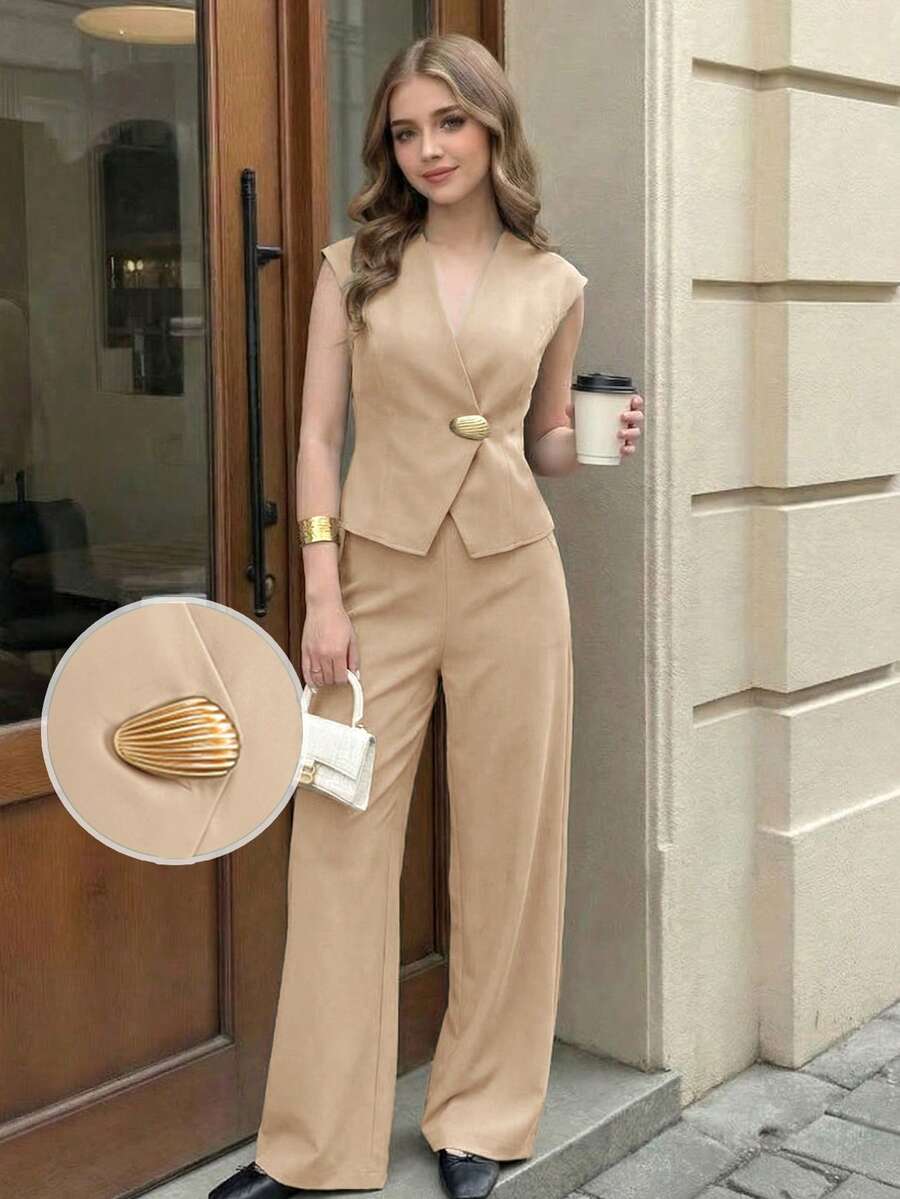 SHEIN Teen Girls T-Shirt Co-Ords Summer Elegant Minimalist Casual Commute Daily Metal Button Sleeve Cinched Waist Dark Top And High Waist Wide Leg Long Pants Apricot Dark Green Olive Green 2 Pieces Set - Khaki - View 1