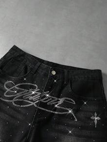 ROMWE MEN Men's Rhinestone Letter Pocket Casual Denim Shorts - Black - View 3