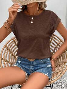 SHEIN Frenchy Women's Solid Color Round Neck Casual Versatile Daily Wear T-Shirt Everyday Coffee Brown Summer - Coffee Brown - View 6