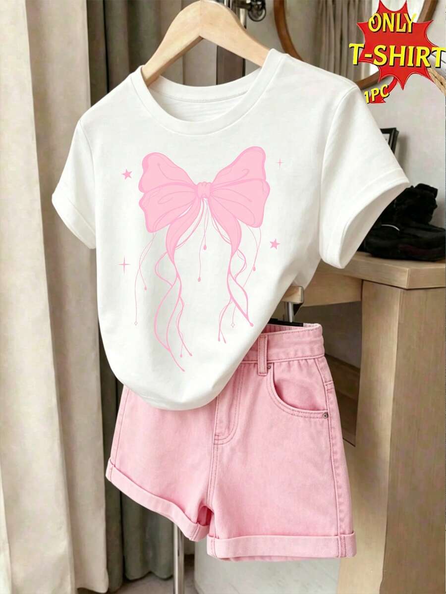 青少年女孩春夏服飾,休閒時尚創意個性清新高端極簡粉色蝴蝶結設計圖案印花夏季休閒風基本款白色短袖T恤,舒適日常穿著,愜意夏秋風格,適合春夏秋季女孩氣質穿搭上衣 - 白色 - 查看 1