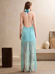 SHEIN Franclia 純色夏季流蘇裝飾掛脖緞面洋裝 - 藍色 - 查看 2