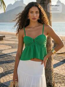 CAJUNI Women's Textured Metal Buckle Pleated Asymmetrical Ruffle Hem Cami Top Beach Green Summer Sexy Tropical Boho - Green - View 1