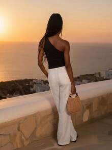 CAJUNI Women's Solid Color One-Shoulder Metal Decor Ruched Fitted Versatile Daily Casual Sexy Top Night Out Club Black Summer - Black - View 2