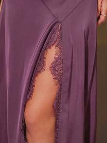 Maija 2026 Damen Spitzen-Patchwork Kleid mit Flügelärmel, rundem Ausschnitt und hohem Schlitz, geeignet für Herbst/Winter Partys - Violett - Übersicht 8