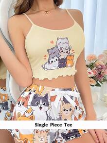 DUSKBASE Top de pijama para mujer con estampado de gato de dibujos animados lindo estilo Y2K - Multicolor - Ver 4