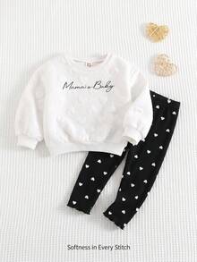 Cozy Pixies Baby Girl Heart Pattern Knitted Soft Crew Neck Long Sleeve Pullover Sweatshirt & Leggings 2-Piece Set - Black and White - View 1