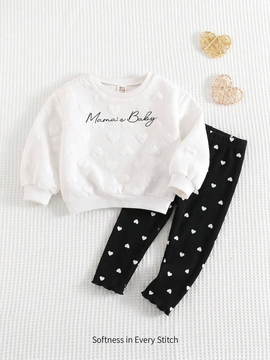 Cozy Pixies Baby Girl Heart Pattern Knitted Soft Crew Neck Long Sleeve Pullover Sweatshirt & Leggings 2-Piece Set - Black and White - View 1