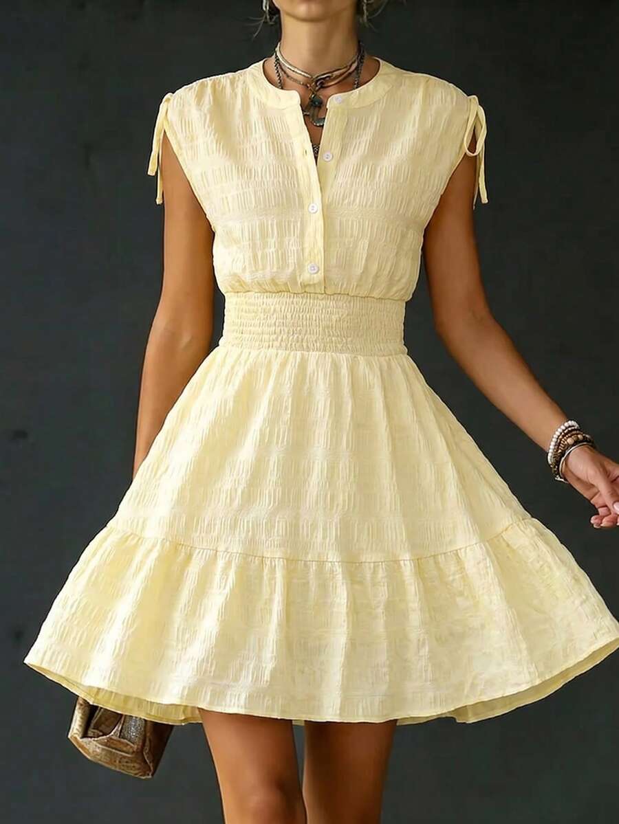 SHEIN Holidaya French Relaxed Texture Vacation Maxi Dress - Summer Drawstring Waist Slimming A-Line Dress - Light Yellow - View 1