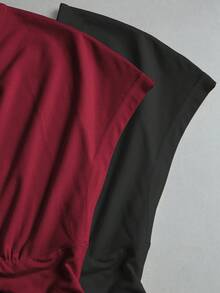 SHEIN EZwear 女款新款兩件套，黑色與淺杏色拼接，時尚百搭針織V領T恤，抽褶腰部，前後V領，肩袖設計 - 彩色 - 查看 5