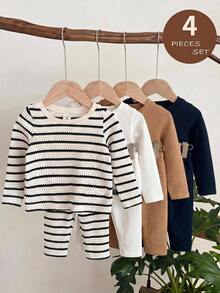 LMoss Kids 4pcs Baby Boy Knitted Solid Striped Crew Neck Casual Tops Set - Multicolor - View 8