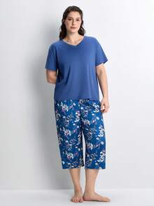 Slumbrini Conjunto de pijama de talla grande con estampado, cuello en V y manga corta - Azul Marino - Ver 3