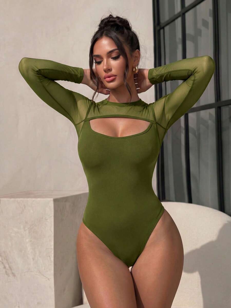 Sirith Women's Solid Color Round Neck Raglan Sleeve Hollow Out Fitted Bodysuit Fall Cloth For Women - Army Green - View 1