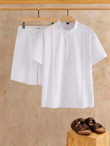 VENTUSAIL Men's Plus Size 2 Pieces Linen Set, White Pleated Henley Shirt & Drawstring Shorts For Summer Vacatio - White - View 3