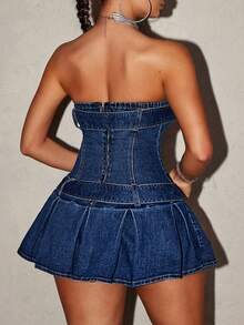 Jeanoix Plus Size Sexig Mini Denimklänning Med Bälte För Sommaren - Blå - Visa 2