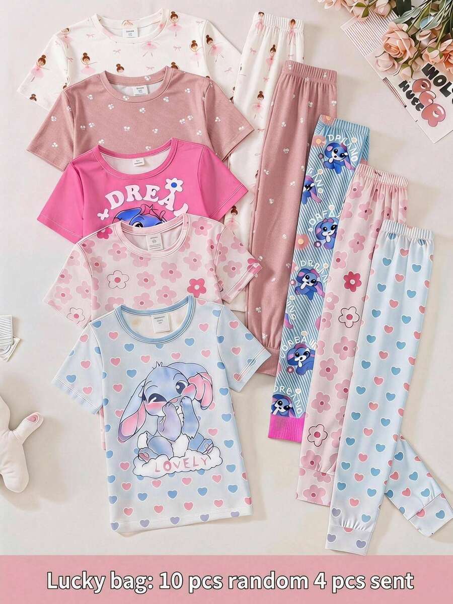 SHEIN Kids Tween Girl Casual Minimalist Fitted Comfortable Crew Neck Short Sleeve Long Pants Loungewear Set, Suitable For Spring And Summer, Snug Fit, 4pcs/Set, Sweet Cute Heart Print, Floral Print - Multicolor - View 1