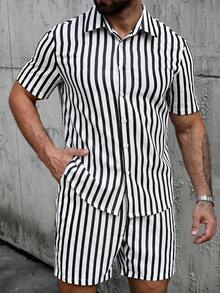 Manfinity CasualCool Men's Summer Casual Striped Shirt And Shorts Set - Multicolor - View 4
